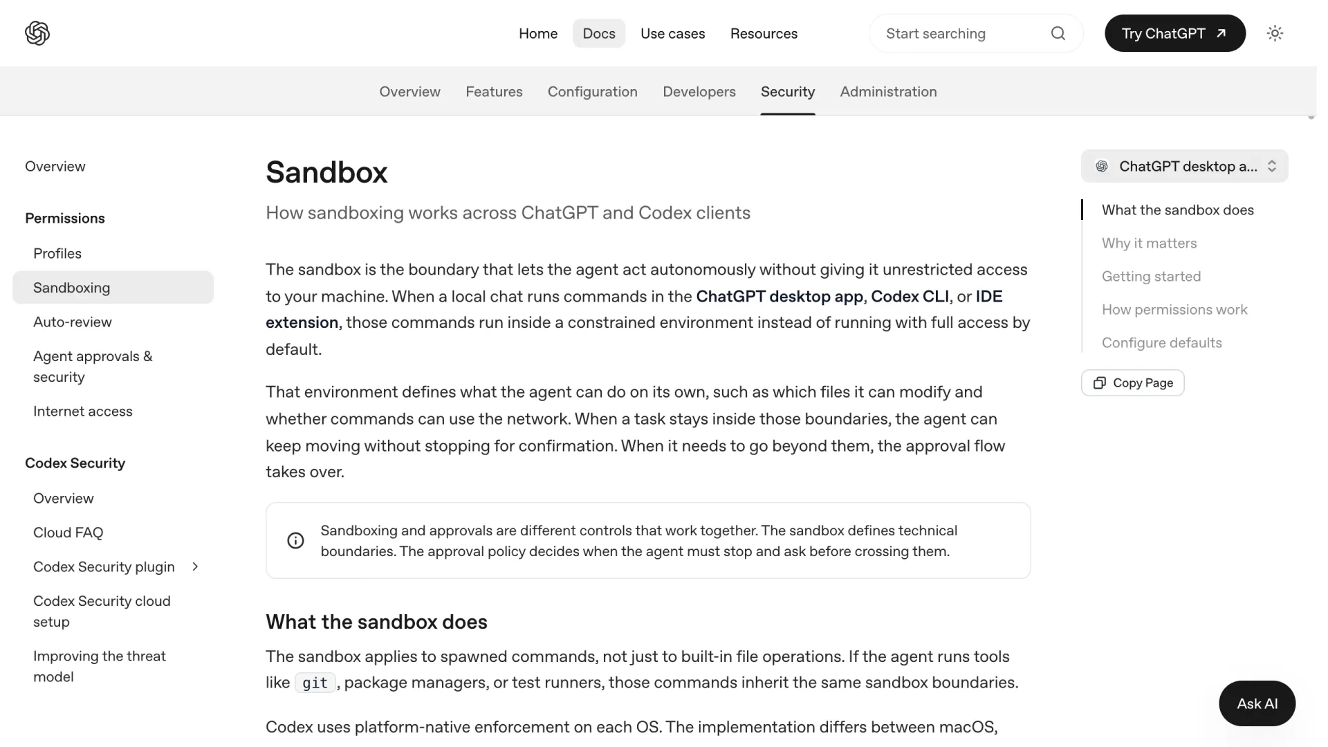 Documentazione del sandbox di Codex che mostra sandbox e approvazioni come due controlli separati