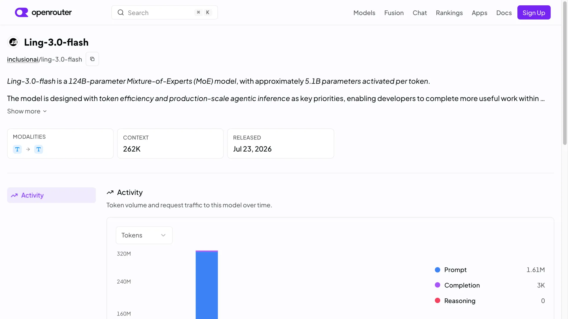 OpenRouter model page for Ling-3.0-flash showing a 124B MoE with 5.1B active parameters, 262K context, and a July 23, 2026 release date