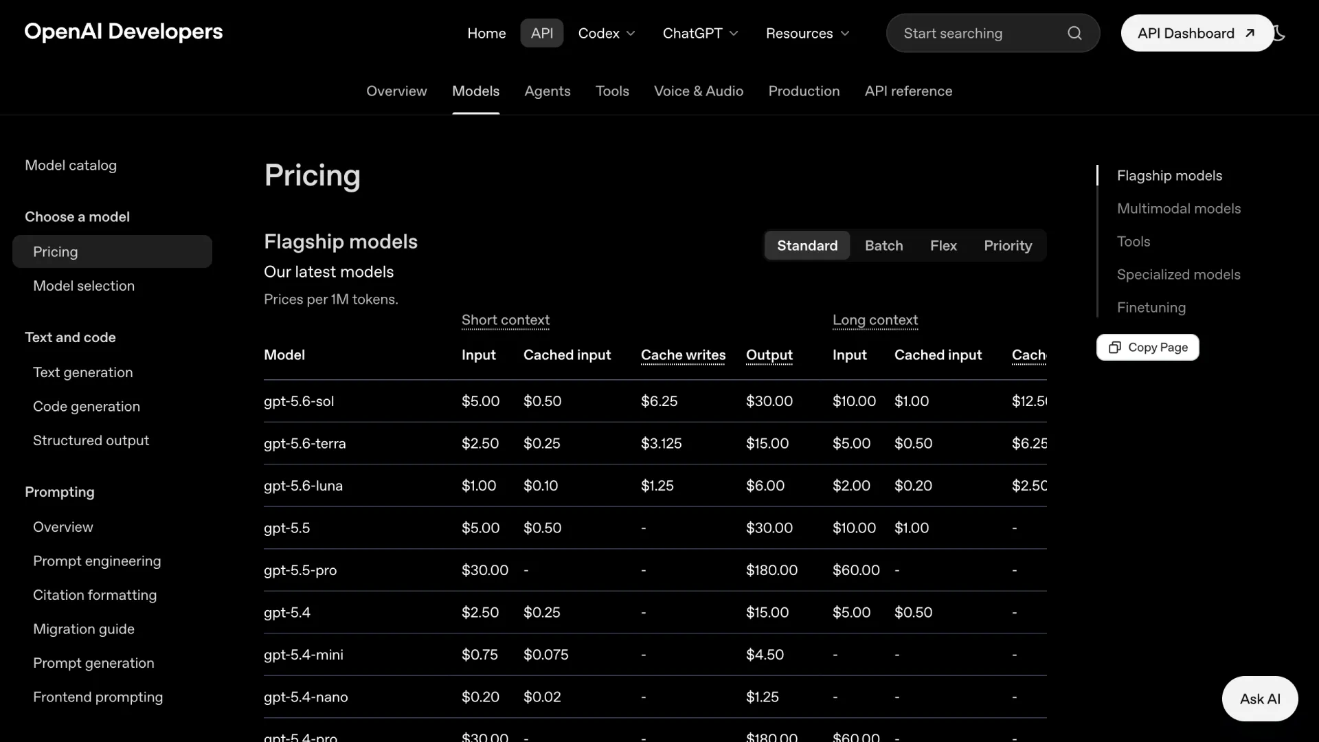 OpenAI's developer pricing documentation with separate short-context and long-context column groups, listing gpt-5.6-sol at $5.00 input and $30.00 output, gpt-5.6-terra at $2.50 and $15.00, gpt-5.6-luna at $1.00 and $6.00 per million tokens