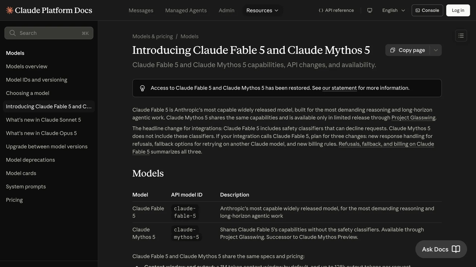 Screenshot of Anthropic's Claude Platform Docs page titled Introducing Claude Fable 5 and Claude Mythos 5, showing the access-restored callout and the model table listing claude-fable-5 and claude-mythos-5 with their descriptions